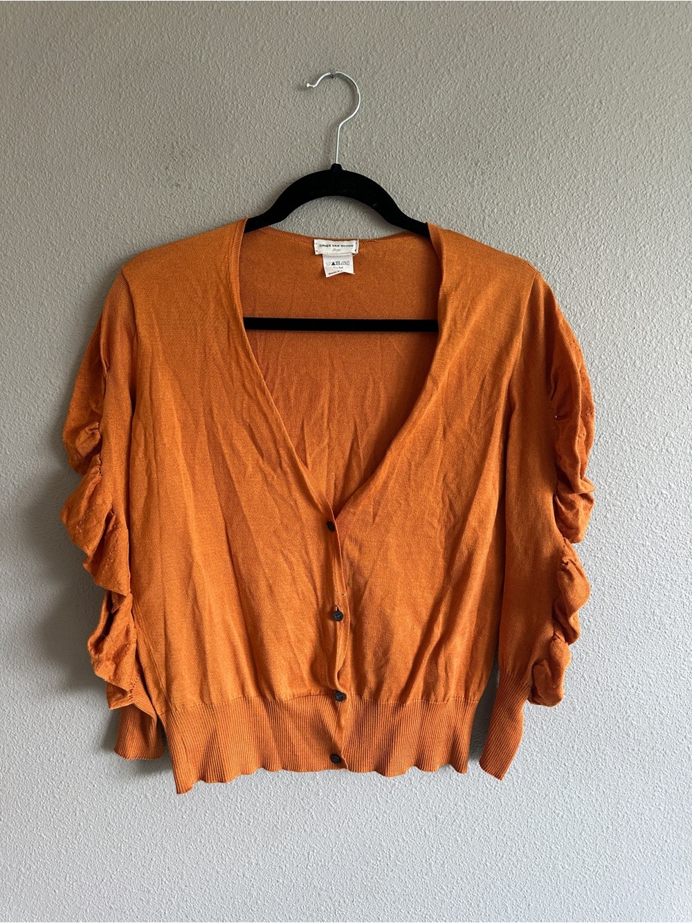Dries Van Noten Cotton Mustard Yellow V-Neck Crop Sleeve Cardigan Large